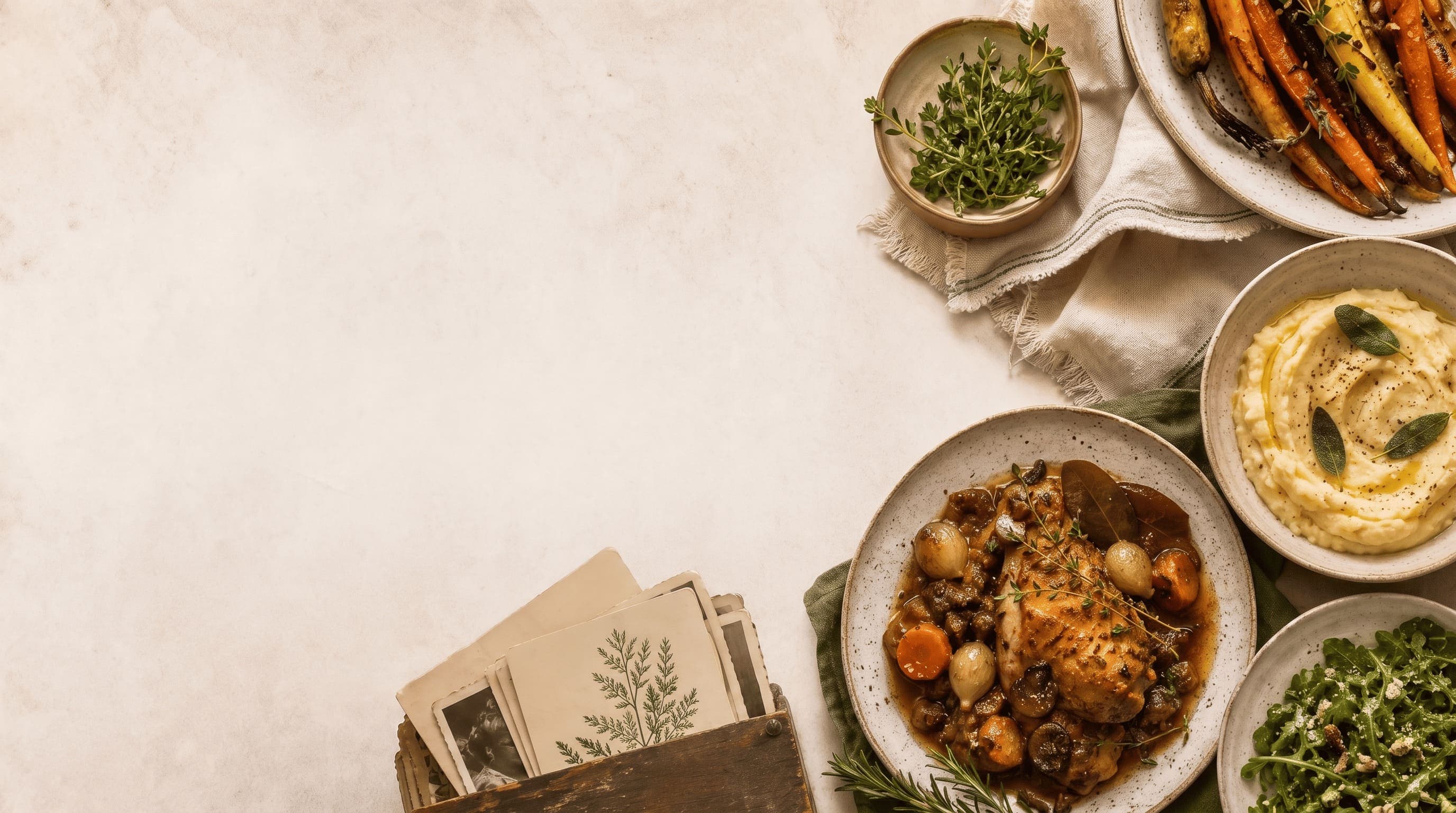A table laid with braised chicken, roasted carrots, mashed potatoes, herbs, and a wooden box of handwritten recipe cards.